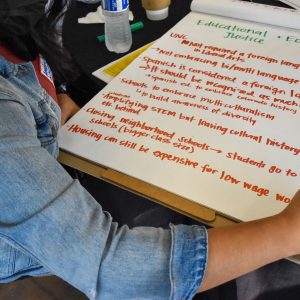 Our COLORistx, América Ramírez taking notes at the 2021 Latino Policy Listening Tour in Greeley.